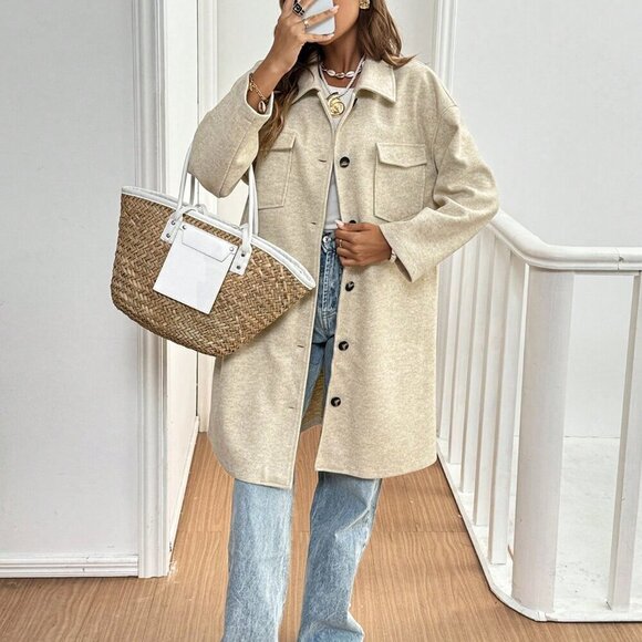 Beige Casual Women's Drop Shoulder Woolen Long Sleeve Coat - Picture 3 of 6